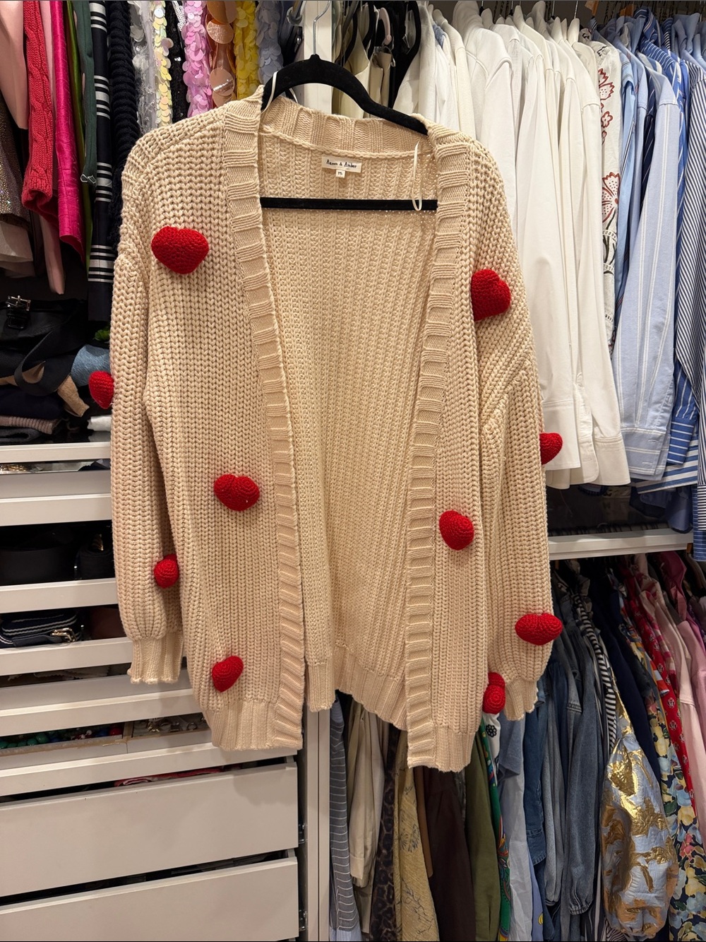 Beige Knit Cardigan with Red Heart Accents